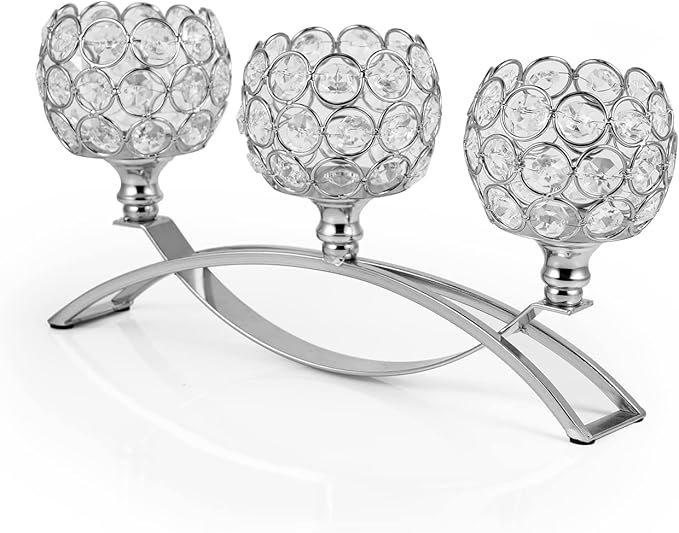 Silver Crystal Candle Holders Decorative Candelabra, Metal 3 Arm Candlesticks Holder Centerpieces for Wedding Party Baby Shower Dining Room Coffee Table Decor candelabros para centros de mesa