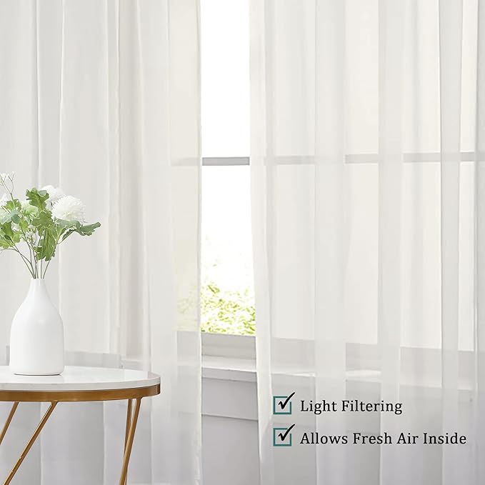 Chyhomenyc Sheer Curtains 63 Inch Length 2 Panels Set, Short Window Curtain Drapes Semi Transparent Voile Rod Pocket Curtains for Dining Bedroom Living Room, Each 42W x 63L inch, Set of 2, Ivory
