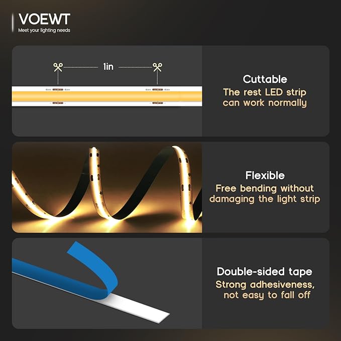 COB LED Strip Lights Daylight White 6000K,16.4ft 12V High CRI 95Ra+ Super Bright,Flexible Tape Lights for Bedroom,Mirror,Kitchen Cabinet, Living Room(Power Supply Not Included)