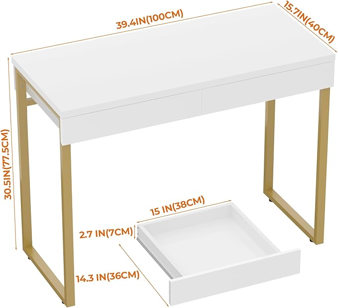 GreenForest Vanity Desk with 2 Drawers,39 inch White Desk with Glossy Desktop Easy Clean,Makeup Dressing Table with Metal Gold Legs for Home Office Small Spaces,Bedroom