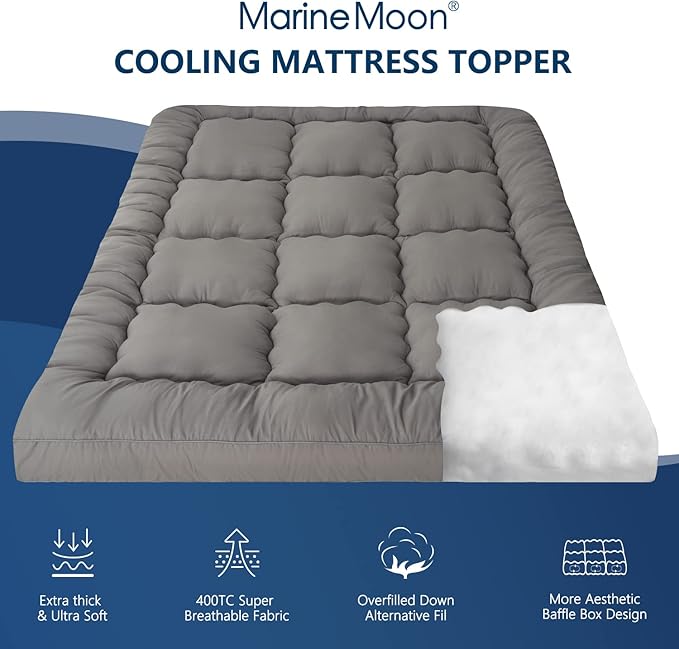 Marine Moon Mattress Topper Queen, Marine Moon Cooling Bed Topper Cover, Thick Soft Pillow Top Mattress Pad, Plush Hotel Down Alternative Mattress Topper with 8-21" Deep Pocket, Grey