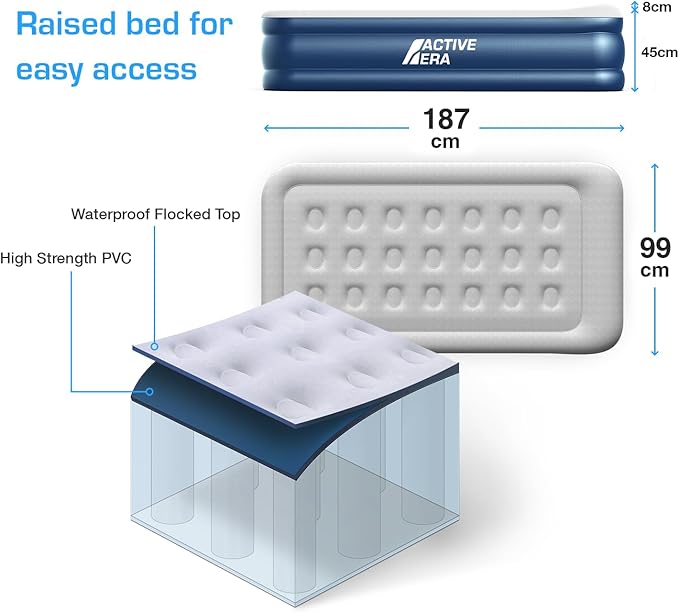 Active Era 20" Twin Air Mattress with Built-in Pump & Raised Pillow - Heavy Duty Puncture Resistant, Waterproof Blow Up Bed
