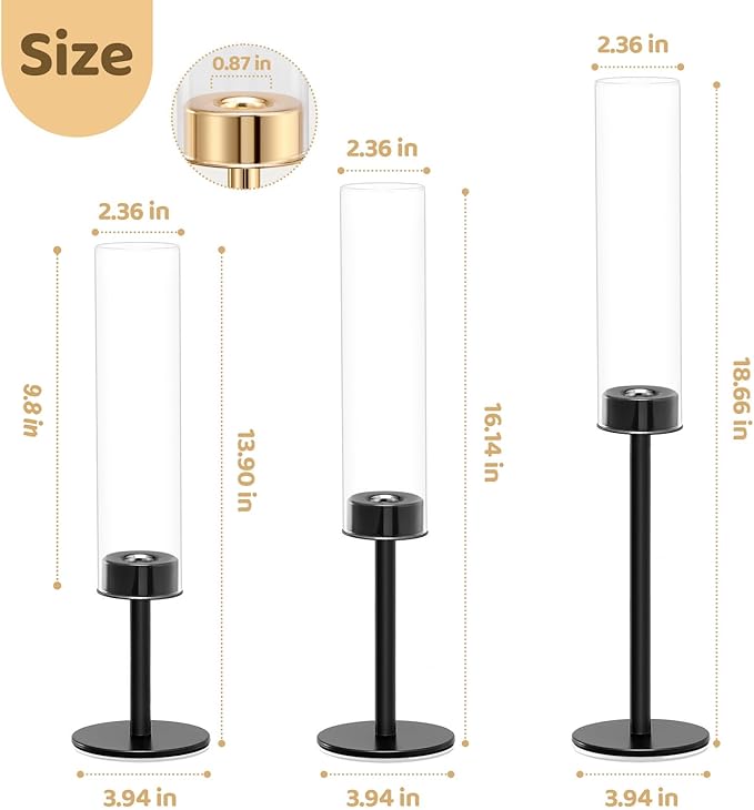 Black Hurricane Candle Holders Set of 3, Tall Metal & Windproof Glass Taper Candle Holders, Outdoor/Indoor Table Centerpieces for Weddings, Christmas, Parties, Fireplace Decor