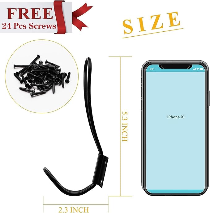 Rustic Entryway Hooks-6 Pack Farmhouse Hooks with Metal Screws Included, Black Decorative Wall Mounted Rustic Coat Hooks Rack, Double Vintage Organizer Hanging Wire Hook Clothes Hanger