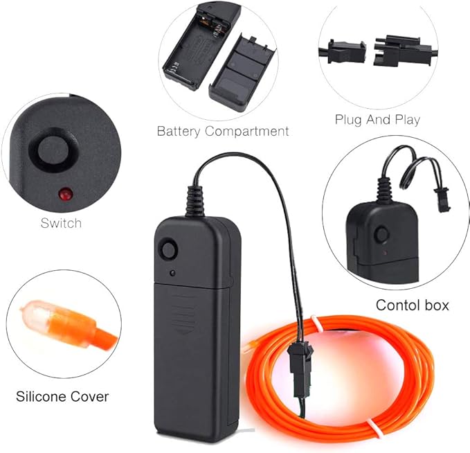 MaxLax EL Wire Orange, 9.8ft/3m Portable Battery Pack Neon Light Strip 360° Cuttable Glowing Rope Lights for Parties, Halloween, DIY Decoration