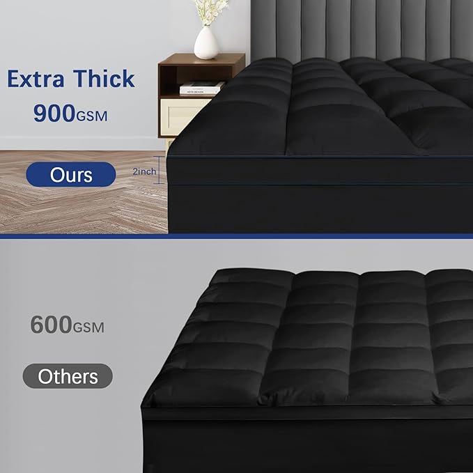 CYMULA Queen Mattress Topper, Black Mattress Pad Bed Topper Cover, Extra Thick Pillow Top Mattress Topper with Deep Pockets, Cooling Plush Down Alternative Fill Mattress Protector