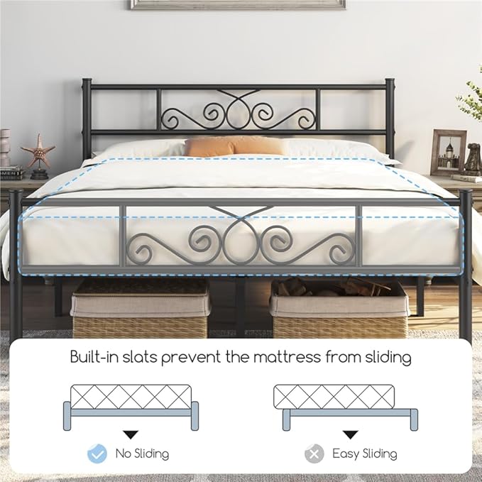 Yaheetech Queen Bed Frames Metal Platform Bed with Headboard&Footboard for Bedrooms/No Box Spring Needed/Easy Assembly/Underbed Space: 12.6’’/Black Queen Bed