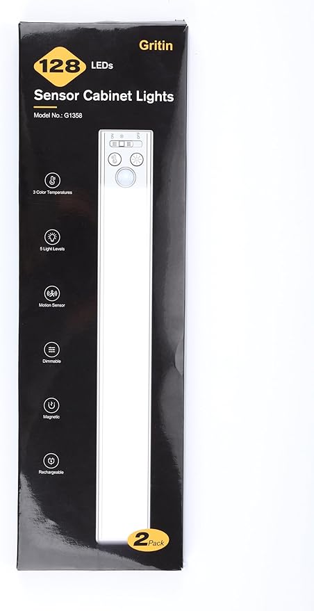 Gritin 14.7inch Under Cabinet Lighting Rechargeable - 128 LED Super Bright, 3-Color&5 Level Brightness, 4 Modes, Motion Sensor, Long Lasting-Easy Installation Magnetic Closet Lights - 2 Pack-Silver