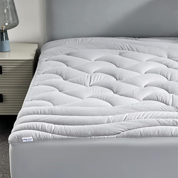 SLEEP ZONE Cooling Twin Mattress Topper for Single Bed, Premium Zoned Quilted Mattress Pad, Fitted Mattress Protector Cover, Machine Wash Durable, Deep Pocket 8-21 inch, Silver Grey, Twin