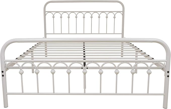 YALAXON Vintage Sturdy Queen Size Metal Bed Frame with Headboard and Footboard Basic Bed Frame No Box Spring Needed (Queen,White)