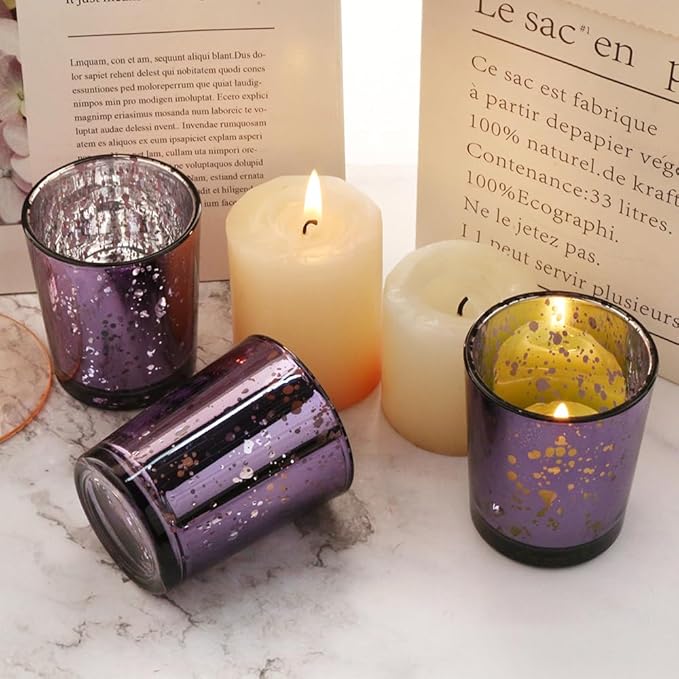 Purple Mercury Glass Tea Light Holders Set of 36 - Elegant Votive Candle Holders for Weddings, Showers and Home Decor - Perfect for Table Centerpieces and Parties (Glass, Purple)