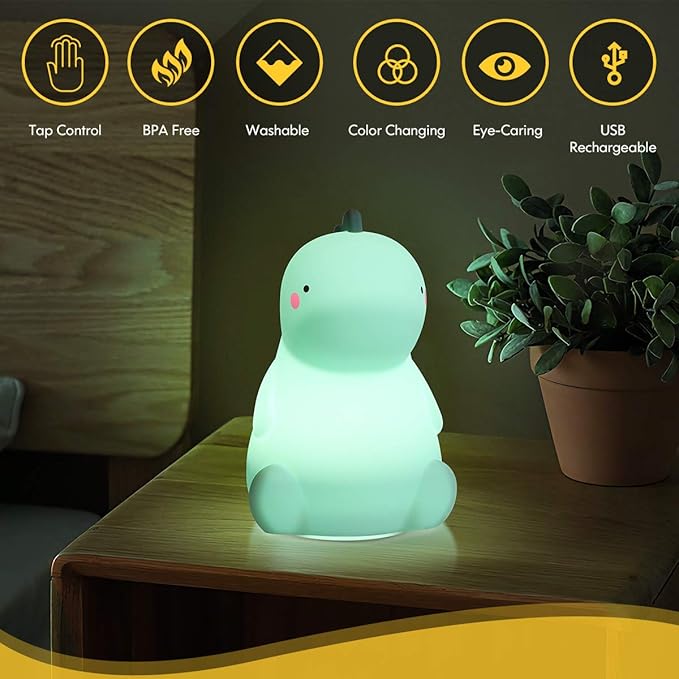 VSATEN Dinosaur Night Light for Kids, Cute Color Changing Silicone Baby Night Light with Touch Sensor, Portable Rechargeable LED Bedside Nursery Lamp for Toddler's Room, Gifts for Boys Girls, Green