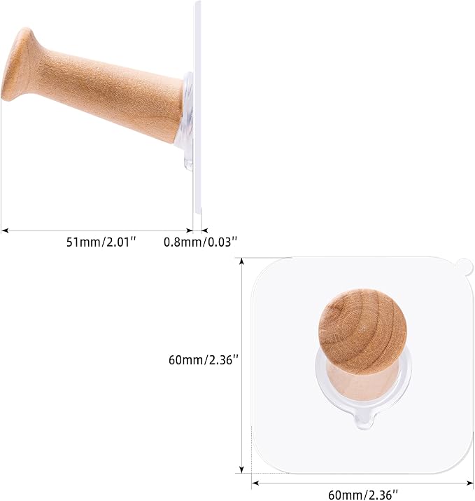 FOTYRIG Extra Long Adhesive Hat Hooks 10lb: No Drill Adhesive Hangers-Clear Wooden Mushroom Head, Holds Cowboy Fedora Baseball Caps Beret-8 Packs