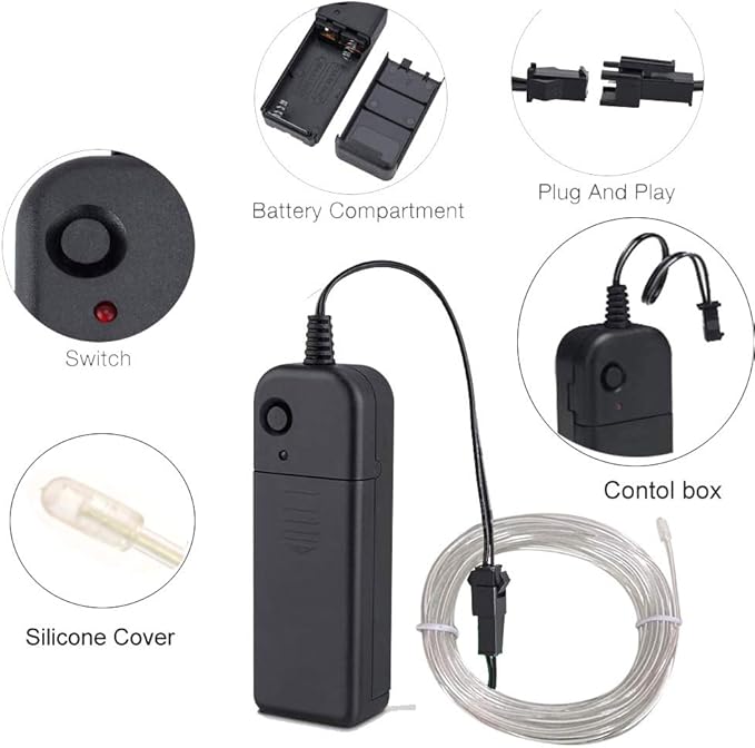 MaxLax EL Wire Ice Blue, 9.8ft/3m Portable Battery Pack Neon Light Strip 360° Cuttable Glowing Rope Lights for Parties, Halloween, DIY Decoration