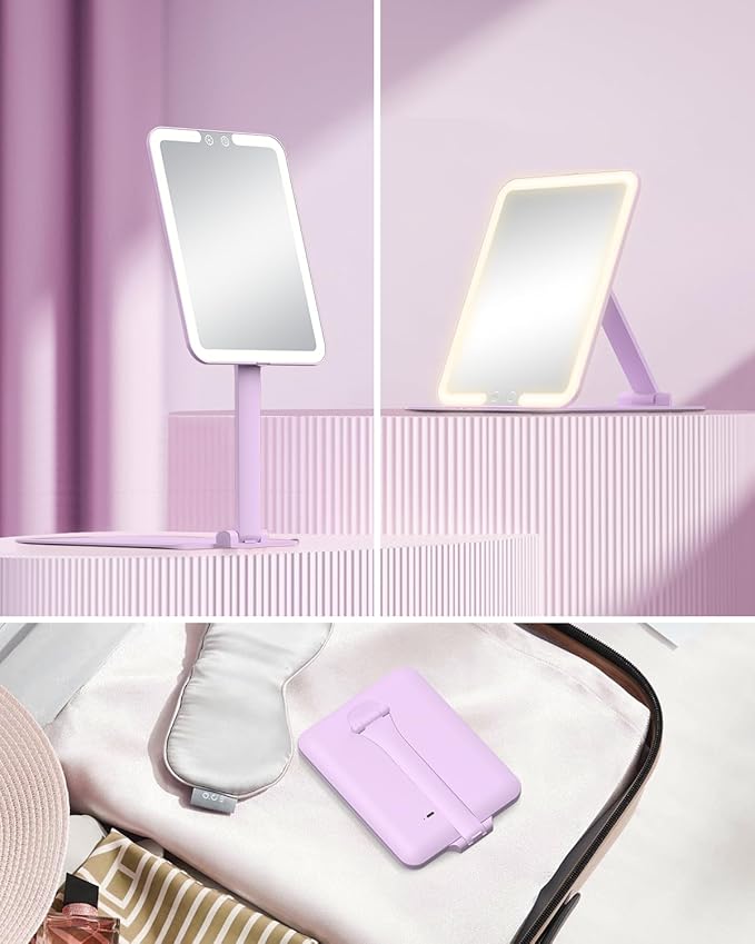 Gospire Travel Makeup Mirror with Lights and Magnification 10X, Portable Make Up Compact Tabletop Cosmetic with Adjustable Stand, 3 Colored Light Rechargeable LED Vanity Mirror - Purple