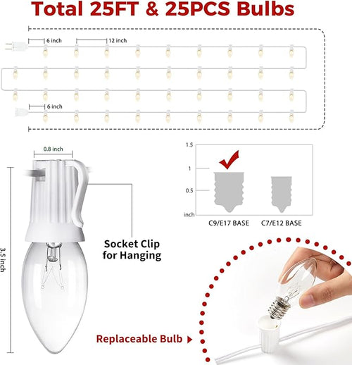 25 Feet C9 Bulb String Lights Outdoor White Christmas Lights for Outdoor Patio Room Christmas Party Backyard Decoration,Warm White, Clear Glass