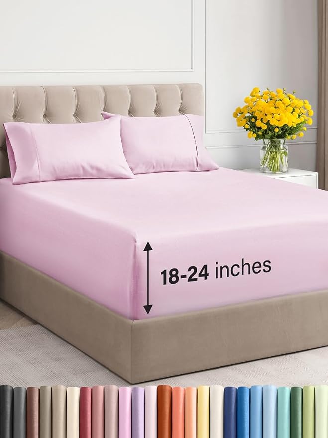Extra Deep Twin Sheet Set - 4 Piece Breathable & Cooling Sheets - Hotel Luxury Bed Sheets Set - Easy & Secure Fit - Soft, Wrinkle Free & Comfy Sheets Set - Light Pink Sheet Set with Extra Deep Pockets