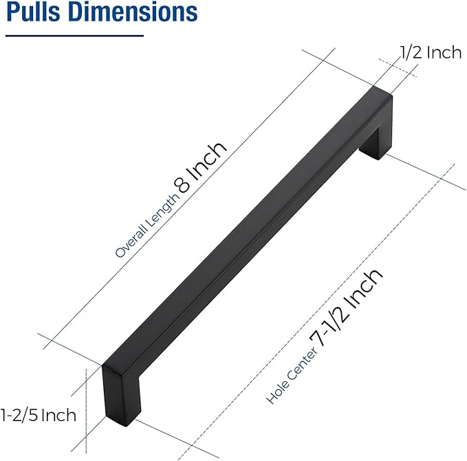 JOY DECOR 50 Pack Cabinet Handles, Black Cabinet Pulls, 7-1/2 Inch Kitchen Closet Handles Square Drawer Pulls Stainless Steel Drawer Hardware, 192mm Hole Centers
