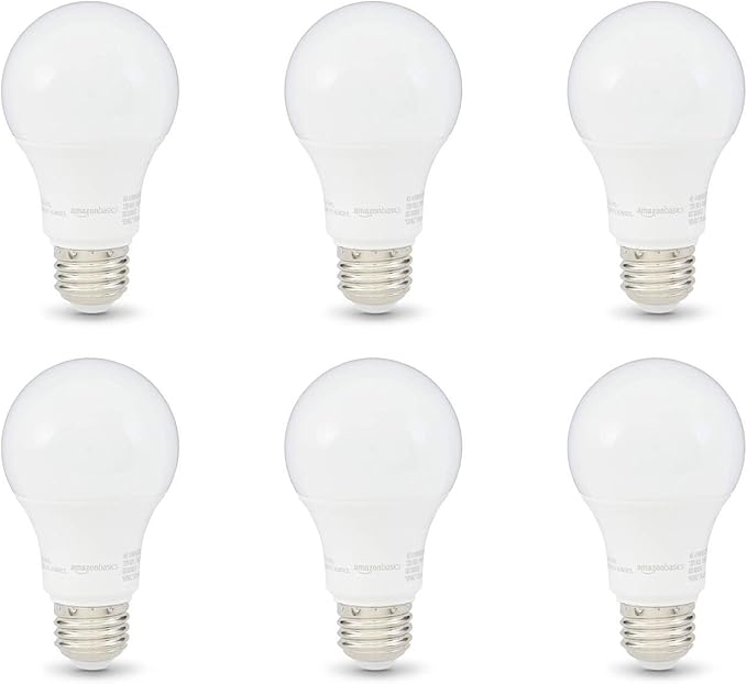 Amazon Basics A19 LED Light Bulbs, 60 Watt Equivalent, Energy Efficient 9W, E26 Standard Base, Soft White 2700K, Dimmable, 10,000 Hour Lifetime , 6-Pack