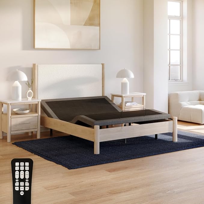 Upholstered Adjustable Bed Base 2.0 with Upgraded Motors, Massage, Wireless Remote, USB Port-Ergonomic Head and Foot Inclines, Queen