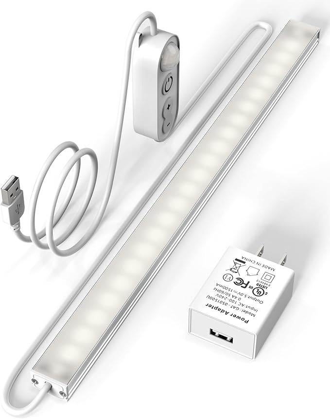 ASOKO Motion Sensor Dimmable Led Under Cabinet Lighting,12 inches Plug in Led Counter Light Bars, Daylight White 4500K Led Light Bar for Kitchen/Closet/Wardrobe/Shelf/Desk/Display Case