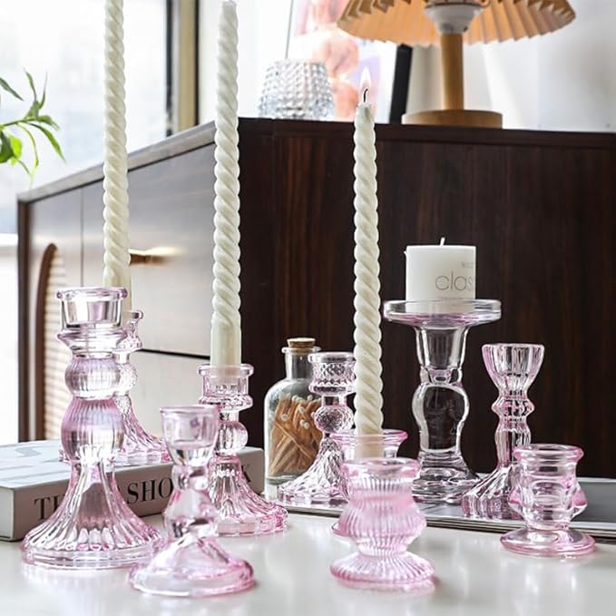 Glass Candlestick Holders Set of 6, Taper Candle Holder for Wedding Festival Christmas Party Valentine's Decor, Table Centerpieces (Pink)