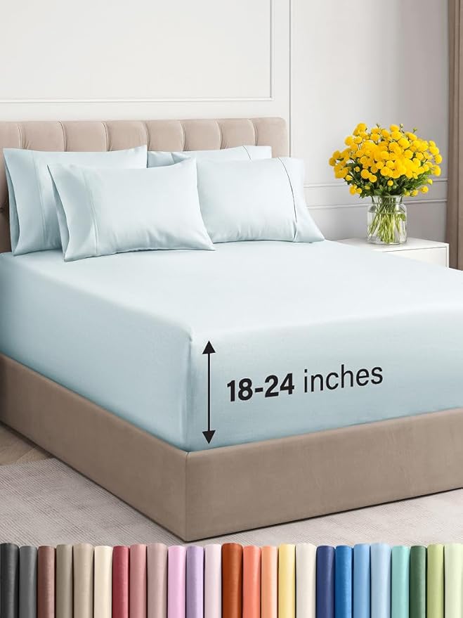 Extra Deep Queen Sheet Set - 6 Piece Breathable & Cooling Sheets - Hotel Luxury Bed Sheets Set - Easy & Secure Fit - Soft, Wrinkle Free & Comfy Sheets Set - Ice Blue Sheet Set with Extra Deep Pockets