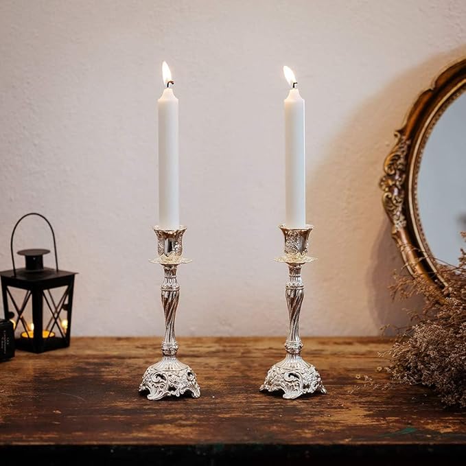 Sziqiqi Silver Plated Candlestick Holders Set of 2 Taper Candle Holders Deluxe Ornate Candle Holders for Shabbat Taper Candles, Candle Centerpiece, Wedding Candles, Christmas Candle, 7.4inch