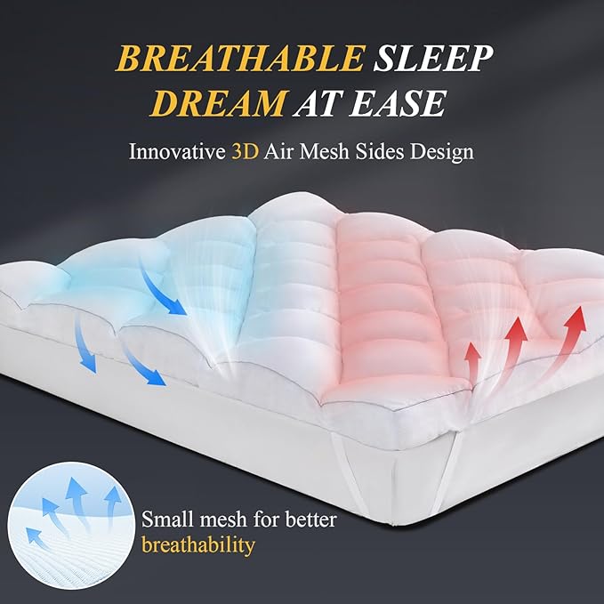 DOWNCOOL 3 Inch Queen Mattress Topper, Ultra Thick and Fluffy Supportive Memory Foam Mattress Topper for Body Pain, Mattress Pad with Breathable Mesh Design for Deep Sleep, 80x60x3 Inches