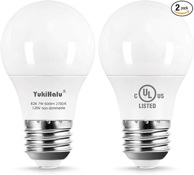 YukiHalu, A15 Appliance Light Bulb, 60W Equivalent for Range Hood/Refrigerator Light Bulb/Ceiling Fan Light, 600 Lumens 7W 120V 2700k Soft White E26 Base, Waterproof, Not Dimmable, 2-Pack