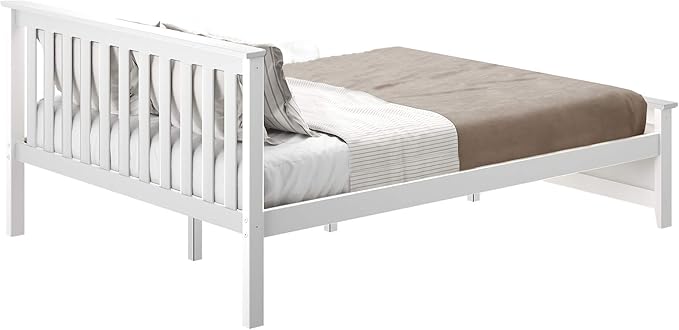 Max & Lily Queen Bed Frame with Slatted Headboard, Solid Wood Platform Bed for Kids, No Box Spring Needed, Easy Assembly, White