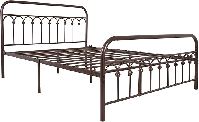 YALAXON Vintage Sturdy Queen Size Metal Bed Frame with Headboard and Footboard Basic Bed Frame No Box Spring Needed，Antique Brown.