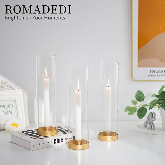 Romadedi Glass Hurricane Candle Holders Gold - 12 Inch Taper Candlestick Holder Bulk Clear Glass Cylinder Table Centerpiece Wedding Decor Party Birthday Christmas Home Decorations, Set of 10