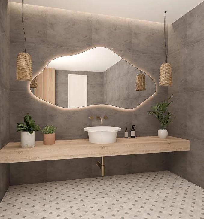 Asymmetrical Bathroom LED Mirror, Modern Irregular Shape Wall Mirror with LED Lights, Frameless Aesthetic Backlit LED Illimunated Vanity Mirror (60" x 30" inc)