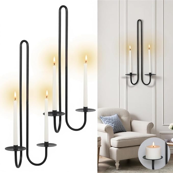 Wall Sconce Candle Holder Metal Hanging Wall Decorations for Home,Living Room, Bathroom, Dining Room, Set of 2（Black