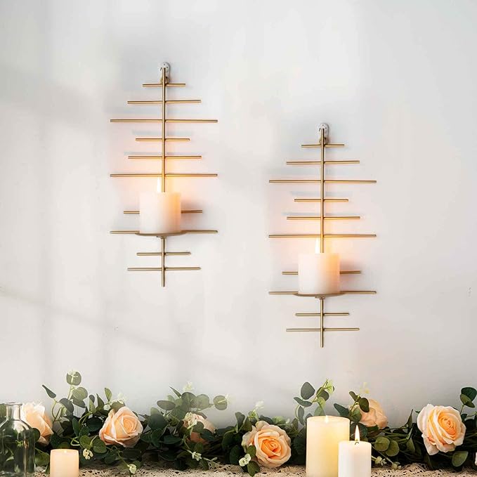 AIM & GGKK Gold Metal Candle Sconce Holder,Hanging Wall Mounted Candle Sconces Holder, Wall Sconces Decor for Bedroom,Bathroom, Dining Room and Office(Set of 2)