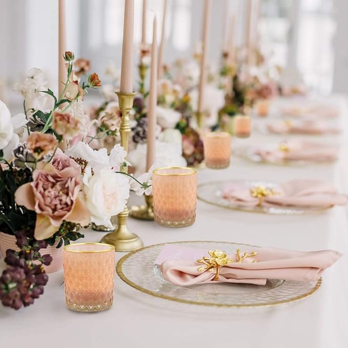 SHMILMH Pink Votive Candle Holders Set of 24, Pink Christmas Table Centerpiece Glass Tealight Holders Bulk with Gold Rim, Tea Candle Holder for Birthday Wedding Decor