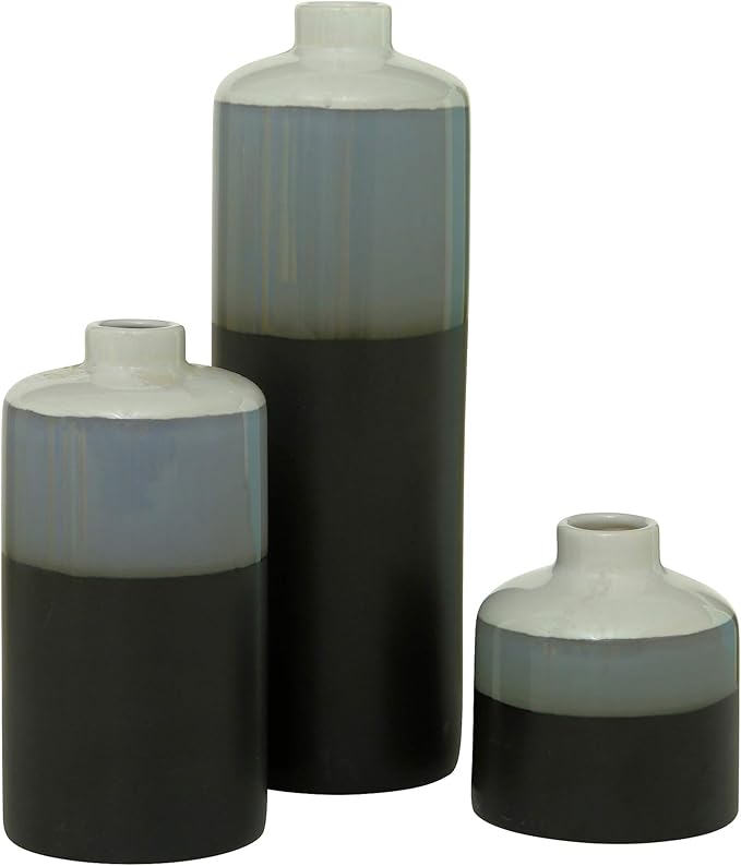 Iconic Dipped Scandinavian Style Bud Vases, Set of 3, Glazed Porcelain, Tonal Shades, Pale Grey, Grey, and Black, Round, 11.5, 7, 4.25 Inches