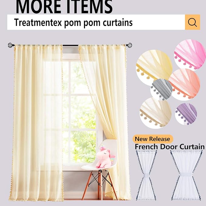 Treatmentex White Linen Sheer Curtains for Living Room 95" Long Colorful Pompoms Kids Window Draperies for Nursery Room Baby Voiles 2 Panels