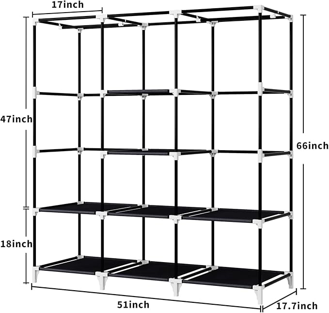 Portable Closet, 51 Inch Wardrobe Closet for Hanging Clothes with 2 Hanging Rods, 8 Storage Organizer Shelves for Bedroom, Durable and Easy to Assemble, Black