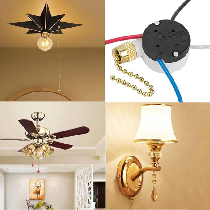 Ceiling Fan Switch Zing Ear ZE-208s E89885 3 Speed 4 Wire Pull Chain Switch Fan Light Switch Replacement Part with 4 Pre-Installed Wires(Brass Chain)