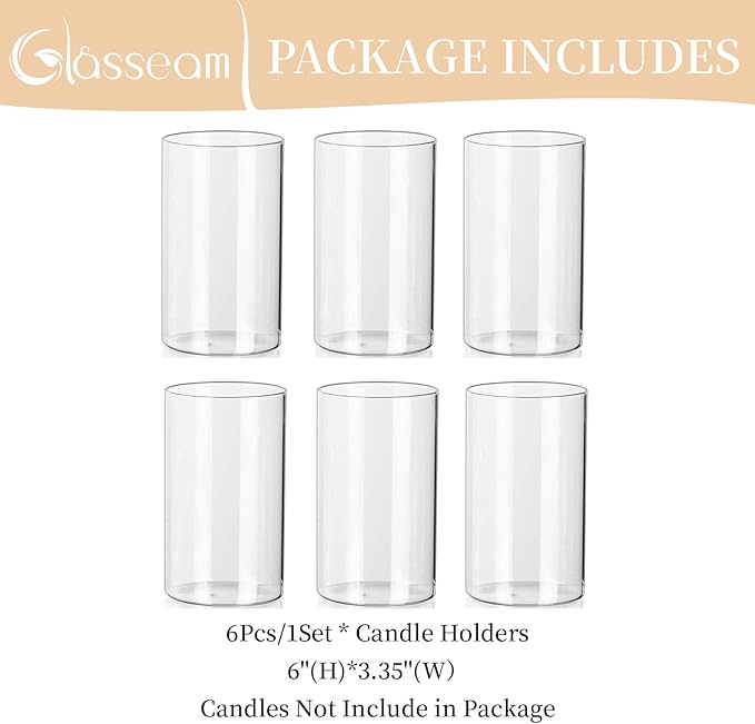 Glasseam Hurricane Glass Candle Holder Set of 6, Cylinder Clear Candle Holders for Pillar Candles, Modern Cylinder Vases for Floating Candles, Vases for Centerpiece Wedding Table Decorations, 6inch