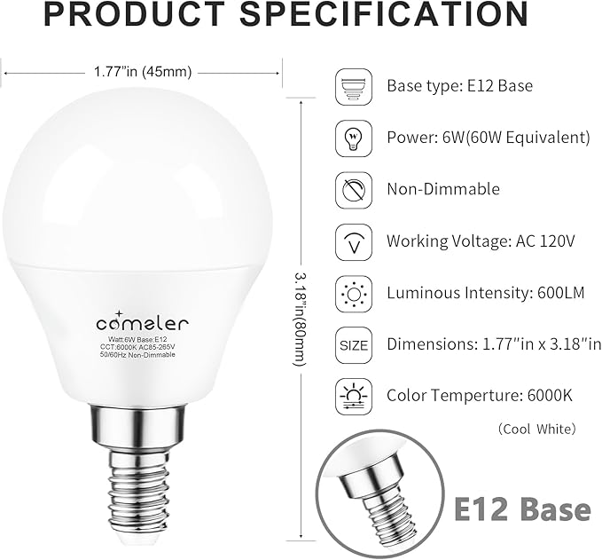 comzler 8 Pack LED Light Bulbs, 6000K Cool White Daylight 60 watt Equivalent A15 Ceiling Fan Bulbs, E12 Base Candelabra Small Light Bulbs, 600lm, Non-Dimmable
