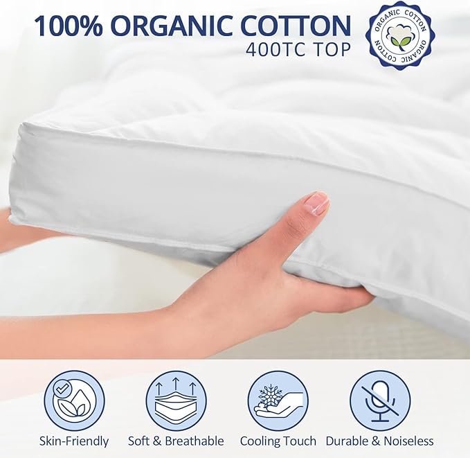 ELEMUSE 1300 GSM Mattress Topper Queen with Baffle Box Design,Extra Thick Cooling Pillow Top Pad, 400TC Cotton Cover, Plush & Support Snow Down Alternative, White