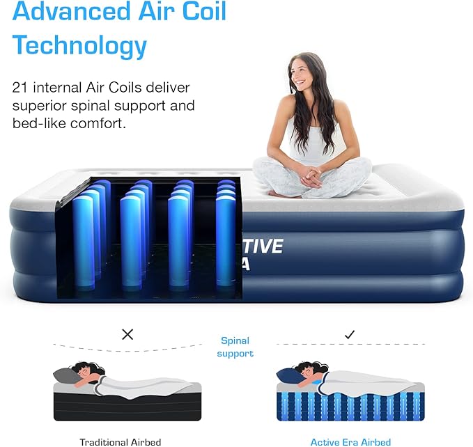 Active Era 20" Twin Air Mattress with Built-in Pump & Raised Pillow - Heavy Duty Puncture Resistant, Waterproof Blow Up Bed
