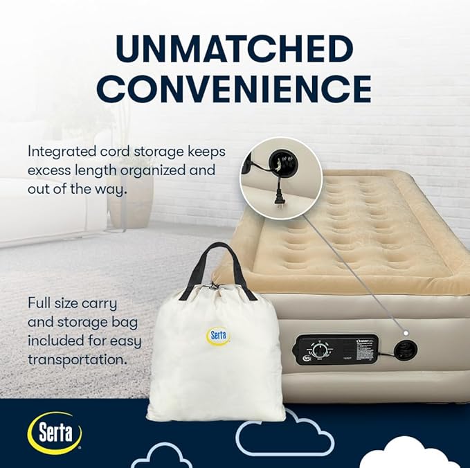 Serta Raised Air Mattress with Never Flat Pump | Luxury Inflatable Mattress with Built in Air Pump to Ensure a Good Night’s Rest | Heavy Duty Blow Up Mattress with Self Inflating Pump