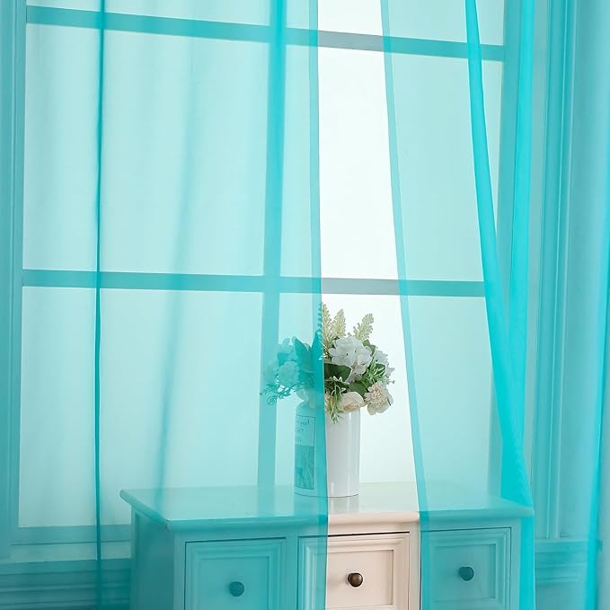 Aiyufeng Turquoise Sheer Curtains 54 Inch Length 2 Panels Set, Light Filtering Airy Rod Pocket Turquoise Window Curtain Treatment Drapes for Kitchen Bedroom Living, Each 42Wx54L Inches