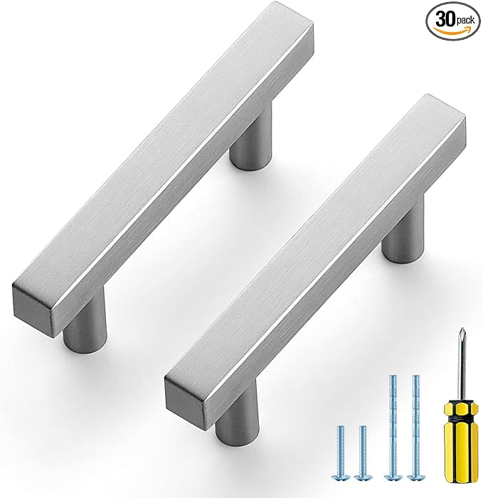 Ravinte Brushed Nickel Cabinet Handles 30 Pack 2-1/2 inch Satin Nickel Square Cabinet Pulls Silver Hardware for Kitchen Cabinets 4 inch Overall Length Stainless Steel Drawer Pulls