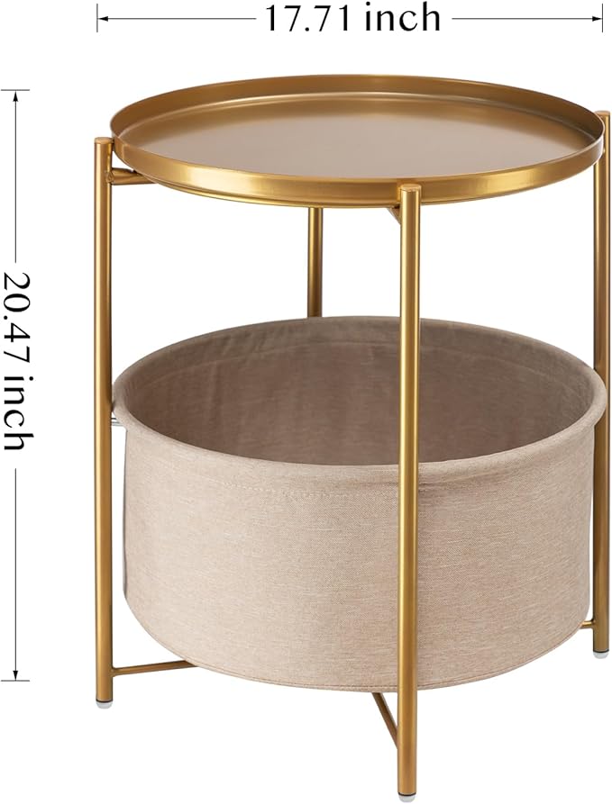 danpinera Round Side Table with Fabric Storage Basket, Pack of 2, Metal Side Table Small Bedside Nightstand with Removable Tray Top for Living Room, Bedroom, Nursery, Laundry, Gold