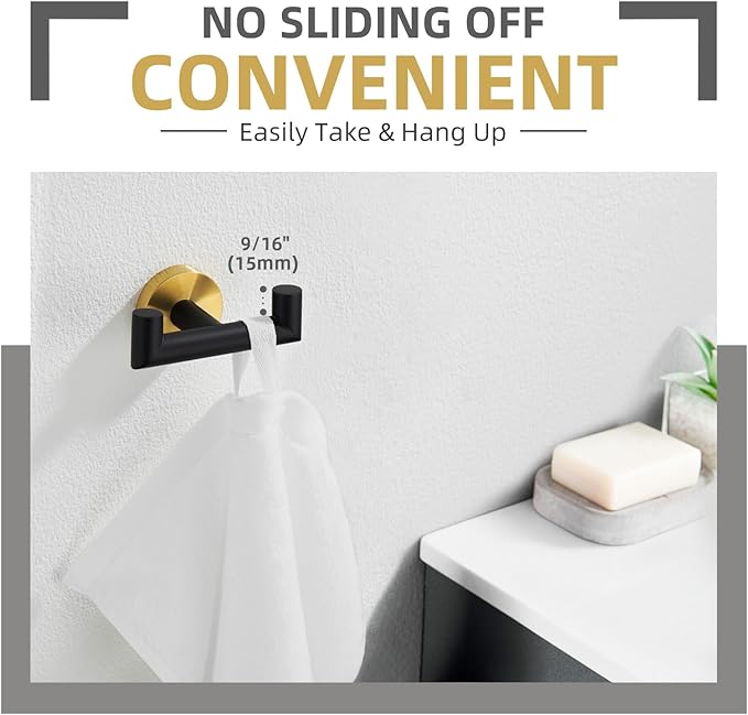 Angle Simple Double Towel Hook, Stainless Steel Hand Towel Holder for Bathroom, Coat Hook for Wall, Black and Gold